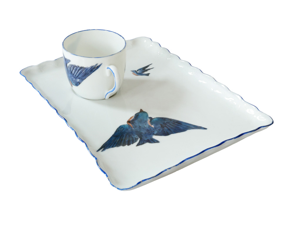 Antique Victoria Austria Blue Bird Teacup Snack Set Cottage Tea Party 1910s